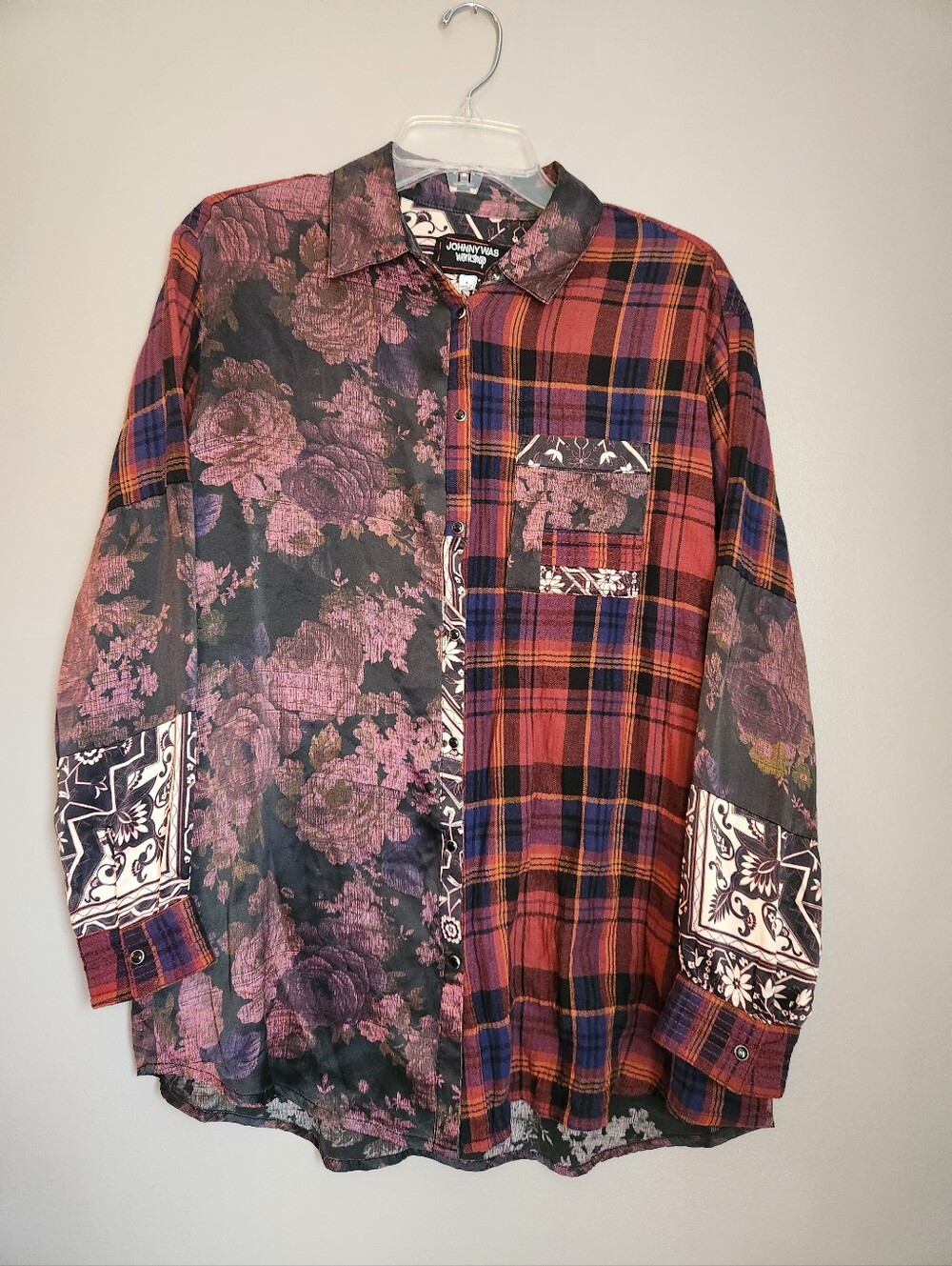 Johnny Was Workshop Mulberry Rose Mixed Print Silk Blend Top Size S
